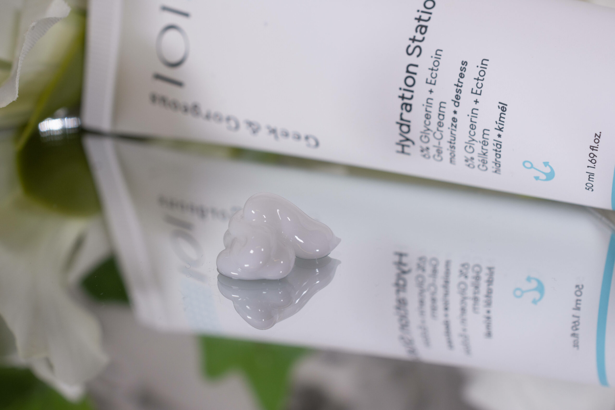 Close up shot of the Geek and Gorgeous Hydration Station gel cream, which is white and has a slight sheen to it.