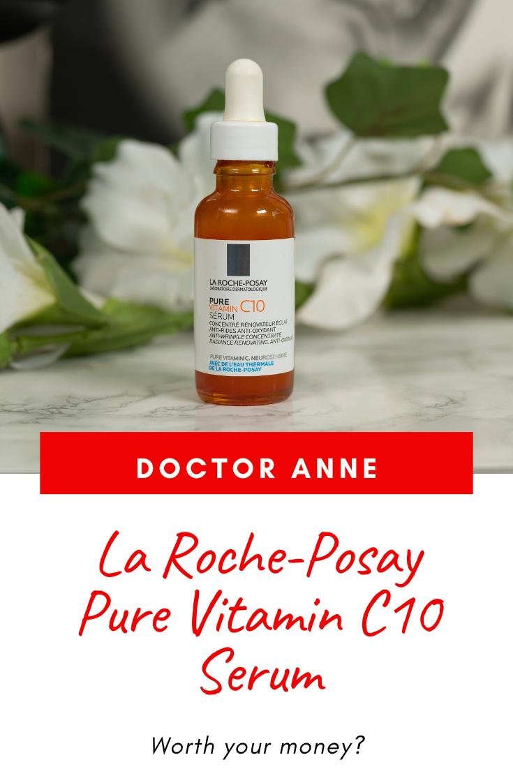 A bottle of La Roche Posay Pure Vitamin C10 Serum standing in front of a dark background with the name of the product and the question "Worth your money?" beneath it.