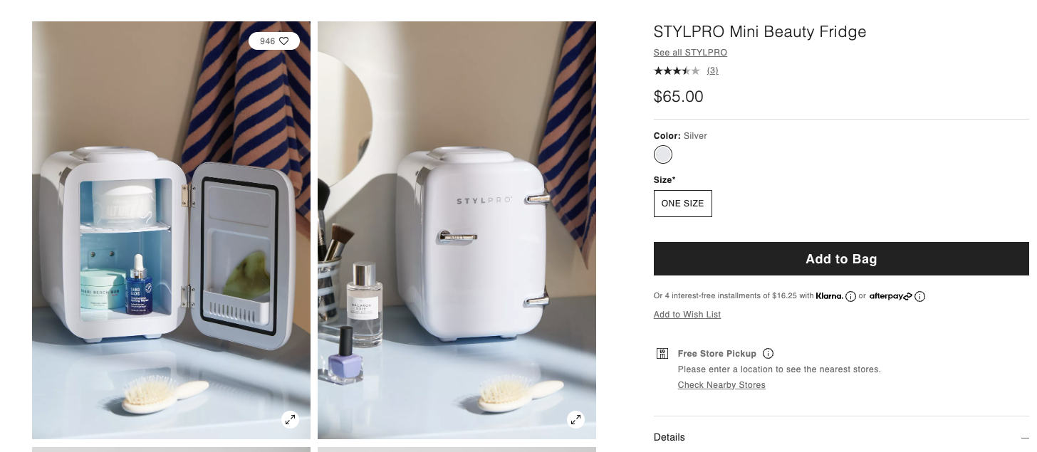 Screengrab from the Urban Outfitters website, displaying a small mini fridge for 65 $