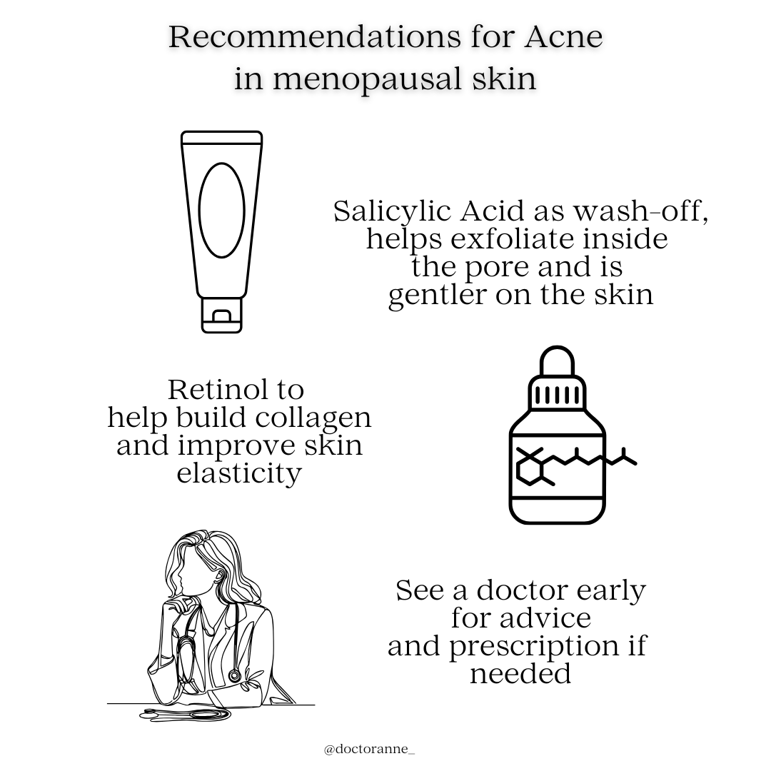 Skincare suggestions for acne and sensitive skin in menopause, pictured as simple black and white drawing of products with short sentences next to them
